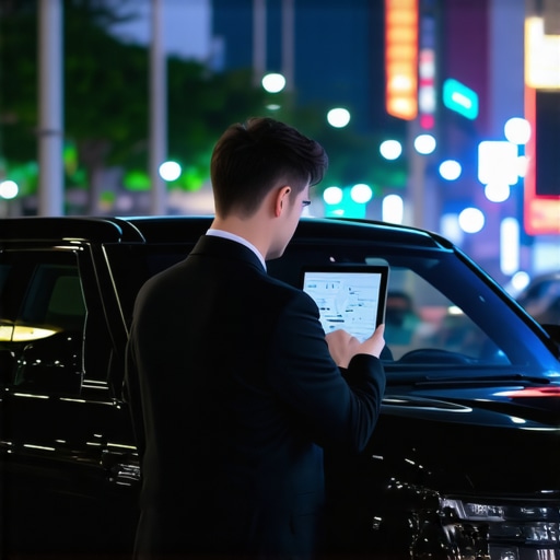 Professional Chauffeur Vetting and Vehicle Inspection A chauffeur performing a safety check and tracking flight data for a private car reservation.