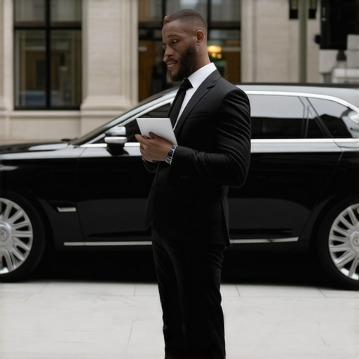 Professional Chauffeur Vetting and Vehicle Standards A professional chauffeur standing by an executive sedan showing signs of high professional standards.