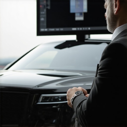 A chauffeur standing by an executive car while a dispatcher monitors real-time vehicle telemetry on a screen.