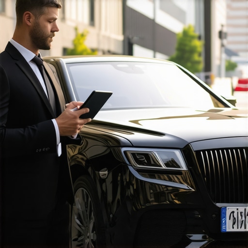A chauffeur checking reservation details on a tablet next to a black luxury car.