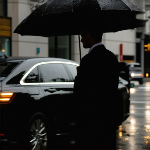 Professional Chauffeur in Summer Rain A professional chauffeur opening a car door for a passenger during a heavy rainstorm