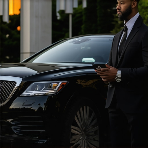 Professional Chauffeur with Executive Sedan A professional chauffeur standing by a luxury black car for an hourly reservation service.