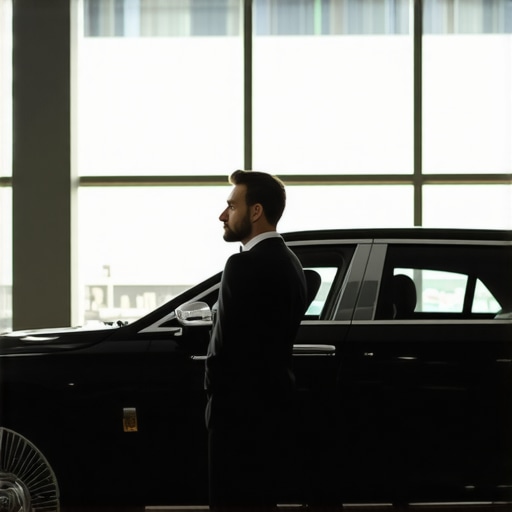 Professional Chauffeur with Luxury Sedan A professional private driver standing by a luxury sedan illustrating high safety and reservation standards.