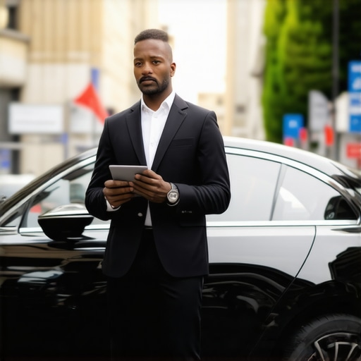 A private driver standing next to a black car prepared for a business client.