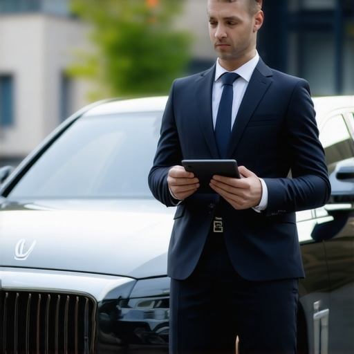 Professional Chauffeur with Navigation Tablet A professional driver verifying a route on a tablet next to a black luxury car.