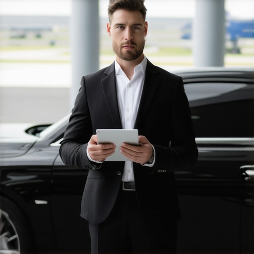 A professional driver waiting for a client at an airport terminal with a luxury sedan.