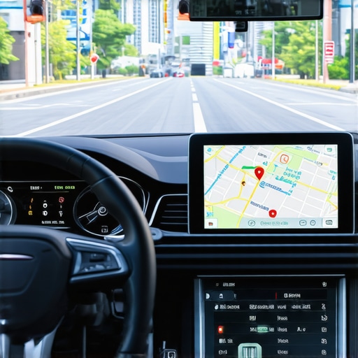 Professional Dedicated GPS Hardware in a Private Vehicle Close-up of a professional navigation system used for precise hourly reservations.