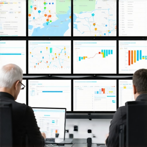 A high-tech dispatch center showing real-time GPS tracking of commercial vehicles on large monitors.