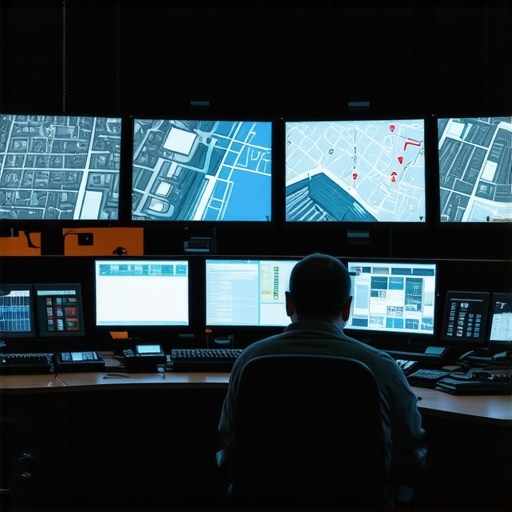 Professional Dispatch Logistics Center A high-tech room with multiple monitors showing real-time vehicle tracking and route data for private transportation services.