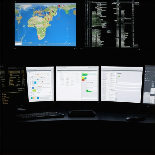 High-tech transport dispatch center monitors showing GPS and flight data