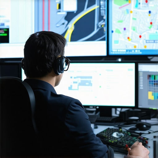 Professional Dispatcher Monitoring Real-Time Traffic Maps A professional driver dispatch center with multiple screens showing vehicle locations and traffic data for on-time arrivals.