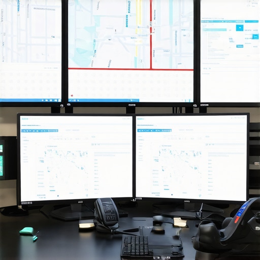 Professional Dispatcher Monitoring Safety and Punctuality A modern vehicle dispatch center showing traffic heat maps and tracking software for luxury transportation.