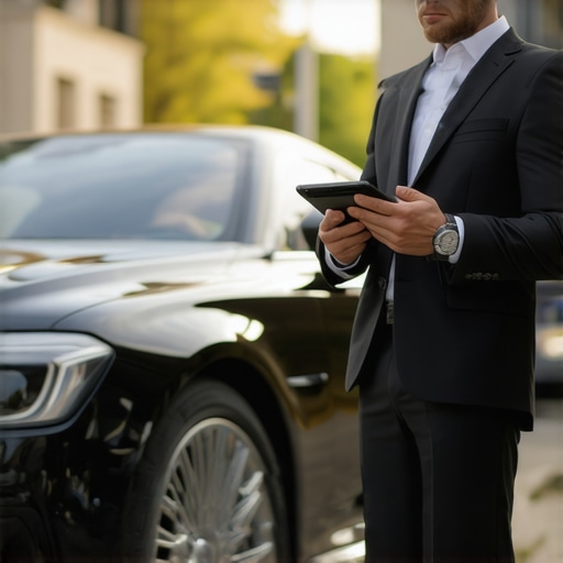 Professional Driver Arriving Early for Reservation A chauffeur checking his watch next to a luxury car 10 minutes before a scheduled pickup.