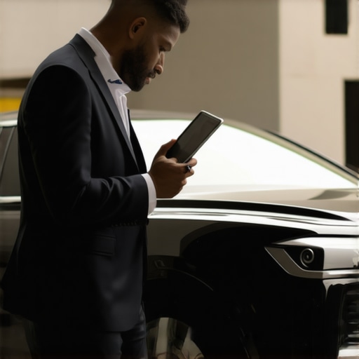 Professional Driver Conducting Safety Inspection A professional chauffeur performing a safety check on a luxury vehicle before a client arrival.