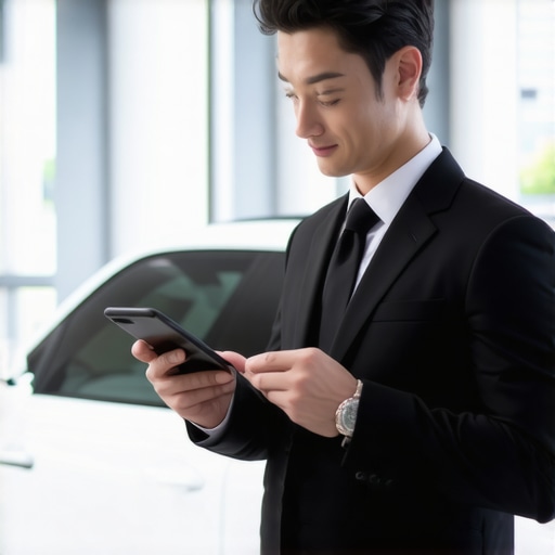 A chauffeur showing his digital credentials to an executive passenger for security verification.