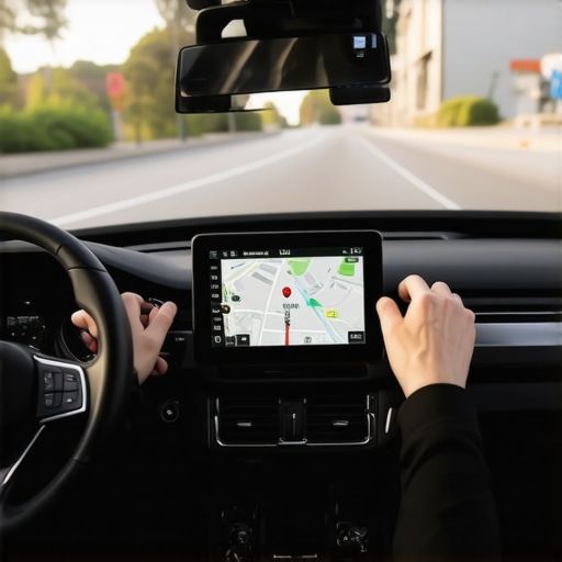 A clean vehicle dashboard showing a single navigation device and a professional driver focusing on the road.