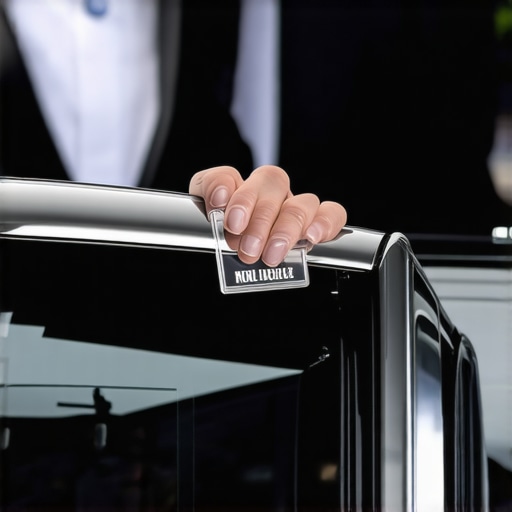 A driver showing a commercial identification badge next to a luxury car for passenger safety verification.