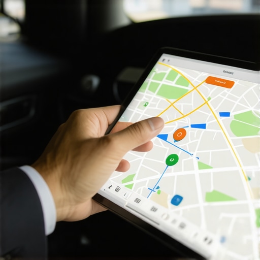 Close up of professional driver using a dashboard tablet for real-time navigation and safety alerts