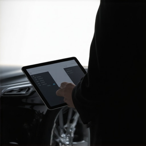 A tablet showing a synced calendar and a well-maintained luxury car tire.