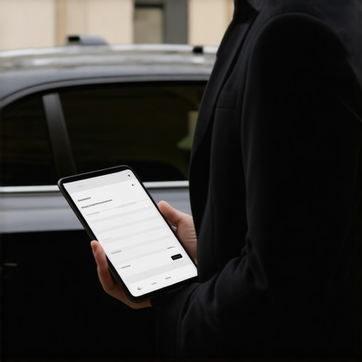 A chauffeur showing a reservation name on a tablet next to a luxury car for passenger safety verification.