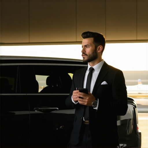 Professional Driver Verification and Booking Confirmation A professional chauffeur showing a digital booking confirmation next to a luxury vehicle for safety verification.