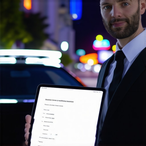 Professional Driver Verification and Security Check Chauffeur holding a tablet with booking details next to a luxury car.