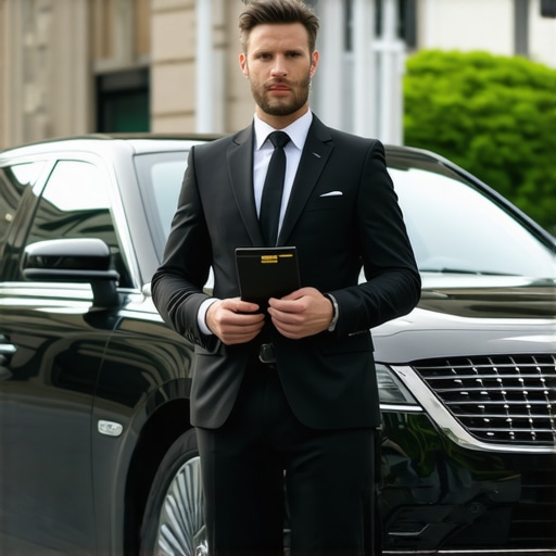 A private chauffeur presenting commercial registration and safety documents to a client before a trip.