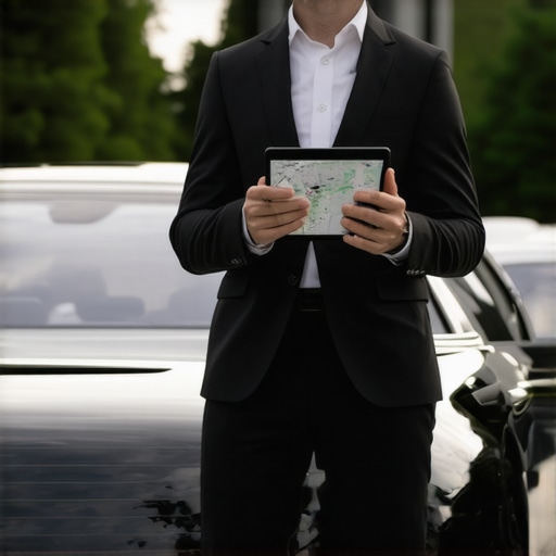 A private chauffeur using a tablet for real-time traffic and flight tracking next to a luxury vehicle.