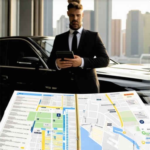 Professional Driver Verifying Reservation Details A professional chauffeur checking a reservation schedule next to a luxury vehicle