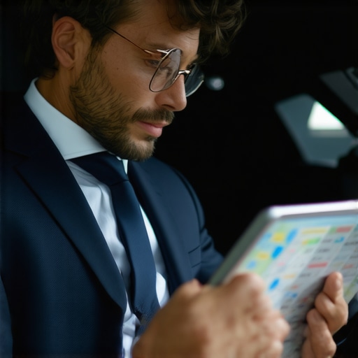 Professional Executive Managing Secure Transit Schedule An executive using a tablet to monitor their professional transit and safety protocols in a private car.