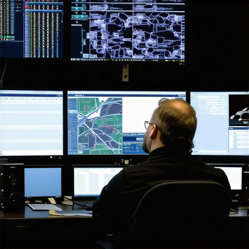 Professional Fleet Dispatch Center High-tech dispatch center monitoring real-time vehicle telematics and GPS data for hourly car services.