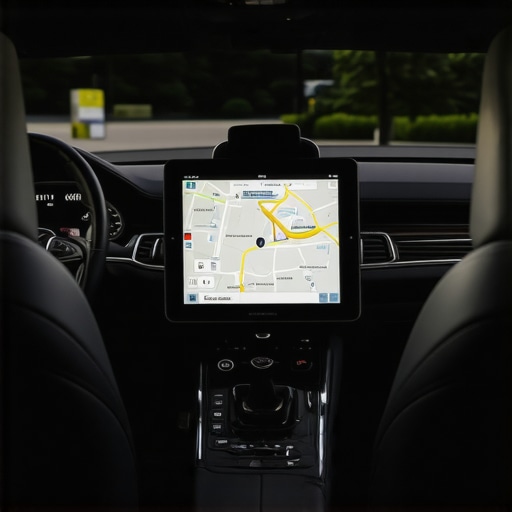 Close-up of a professional tablet in a luxury vehicle showing GPS tracking and fleet data.