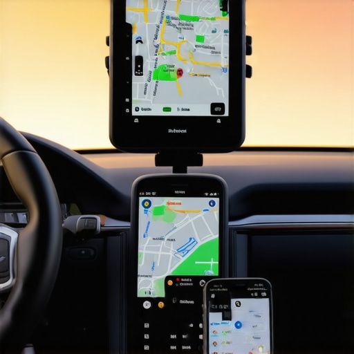 Professional GPS Hardware Setup Close-up of a professional car dashboard with a dedicated navigation device instead of a smartphone.