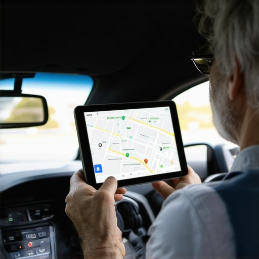 Professional GPS Navigation and Driver Focus A professional driver using dedicated GPS hardware while ignoring a personal smartphone to ensure passenger safety.