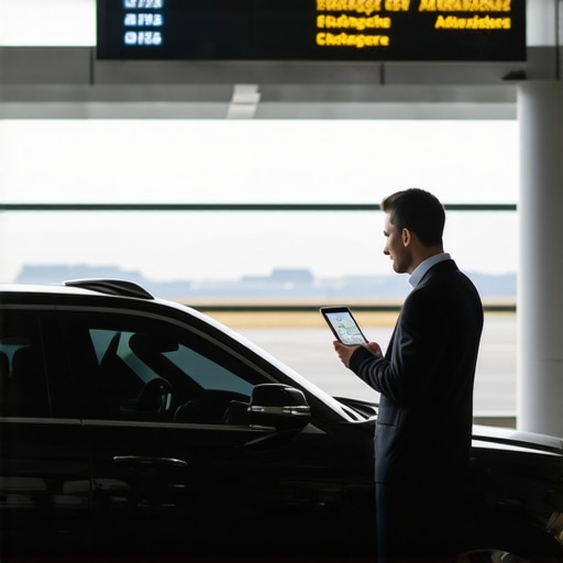 Professional GPS Route Auditing for Private Travel A traveler verifying a professional driver's location on a smartphone at an airport
