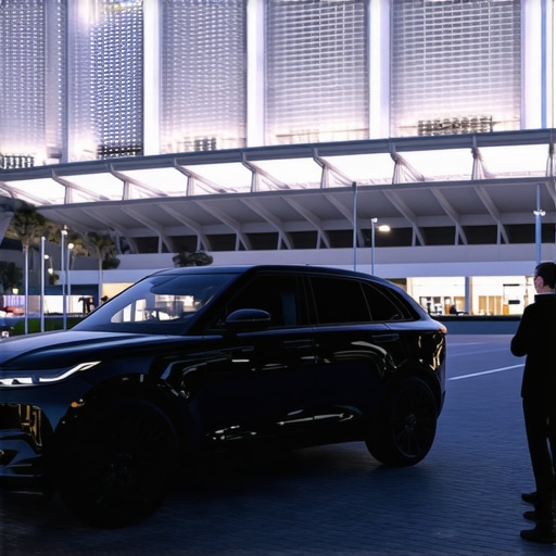 Professional Game Day Pickup Service A luxury black SUV and professional driver waiting near a stadium at night for a scheduled pickup.