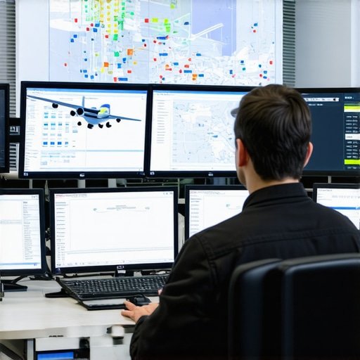 Logistics manager monitoring real-time vehicle tracking and flight data for professional transport services.