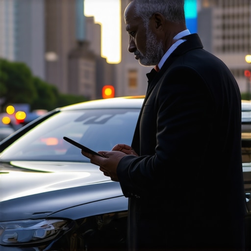 Professional Hourly Driver Verifying Route Data A chauffeur in a suit using a tablet near a luxury car to ensure an on-time arrival.