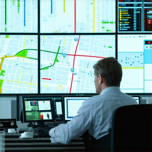 Professional Logistics Control Center A high-tech dispatch center monitoring real-time professional car service locations.
