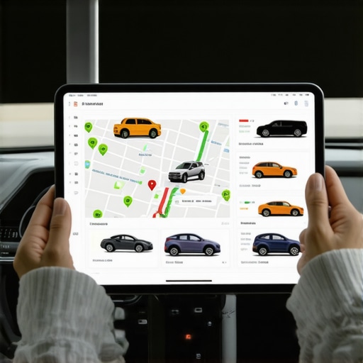 Professional Logistics Monitoring Dashboard A traveler using a professional logistics dashboard to monitor vehicle safety and location in real-time.