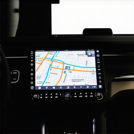 A professional dedicated GPS system showing real-time traffic and telemetry data in a luxury car.