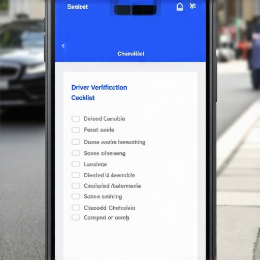 Smartphone displaying a ride-hailing safety checklist with a luxury car in the background