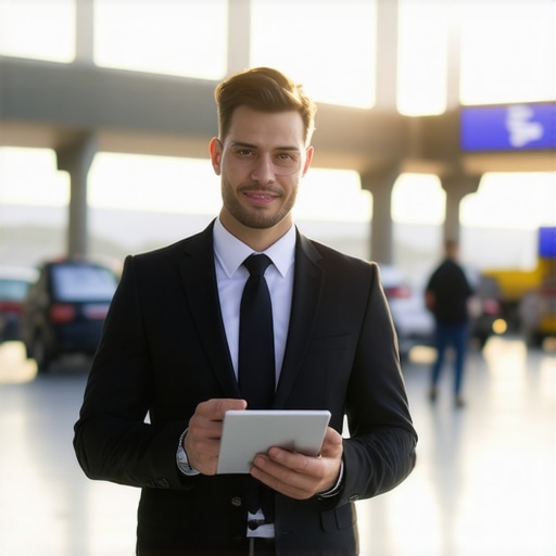 A professional chauffeur waiting at an airport terminal terminal with a digital sign for a client.