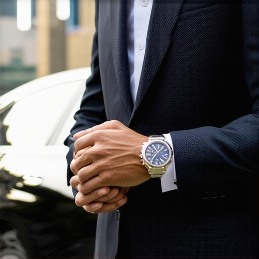 A professional chauffeur checking his watch next to a luxury car to ensure on-time service.