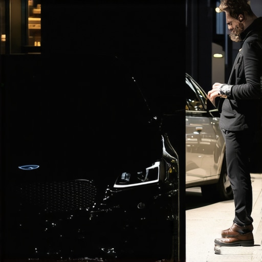 A professional driver checking his watch next to a staged luxury vehicle for an hourly reservation.