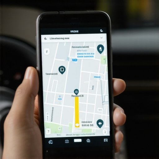 Close up of GPS tracking on a smartphone inside a luxury vehicle