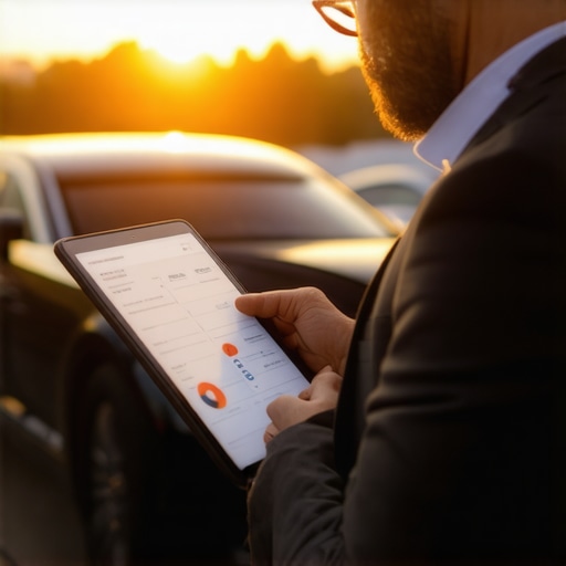 Professional Transit Management and Scheduling Executive reviewing a digital transit schedule next to a luxury car