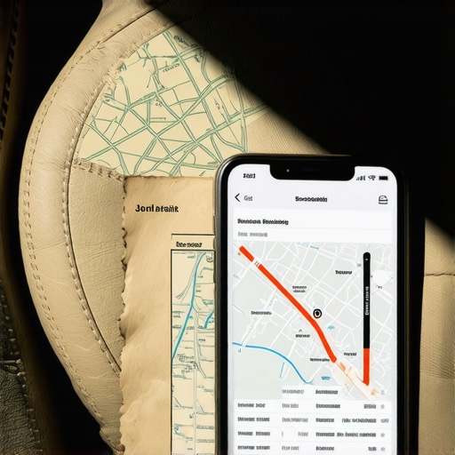 Smartphone with transit app and physical map on leather seat
