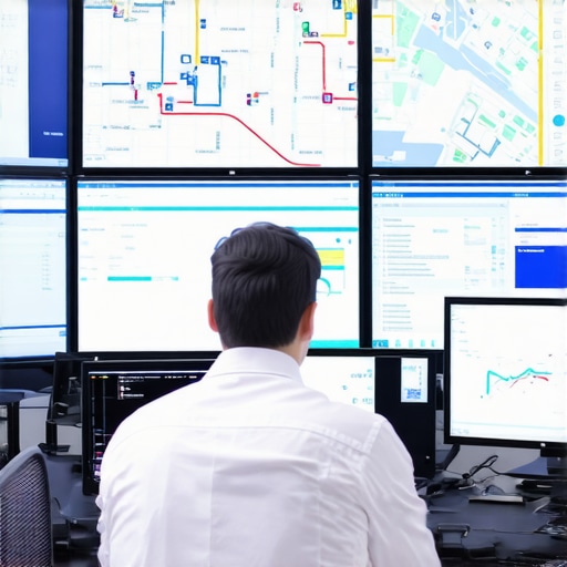A professional dispatcher monitoring live vehicle data and traffic patterns in a modern control room.