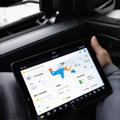Professional Travel Logistics Rig Tablet showing professional flight tracking and secure messaging inside a private car.